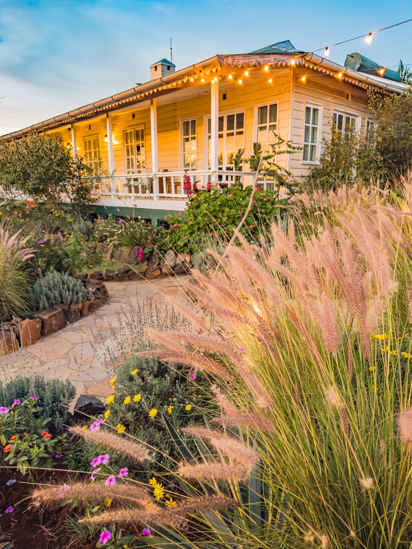 Mlima&rsquo;s main camp building at dusk, festoon lights strung along the verandah above a flower garden